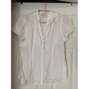 Loft Blouse Size 12 White Button Up Ruffle Detail Short Sleeve